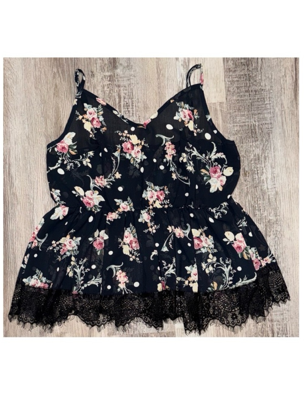 Cute Sheer Shein "Curve" Floral Lace-Trim Black Camisole Tank Top Size 1XL